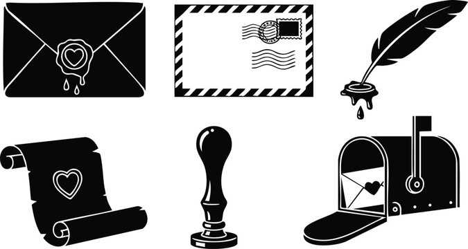 Black silhouette vector icons of vintage mail envelope with heart wax seal scroll feather quill ink mailbox stamp and postmark elements in classic style