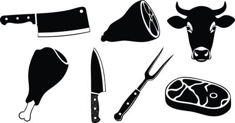 Black silhouette vector set of butcher knife meat cleaver ham steak cow head carving fork and kitchen knife isolated on white background in flat design style