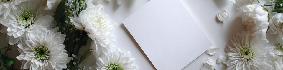 Obraz premium A blank white card surrounded by beautiful white flowers and petals