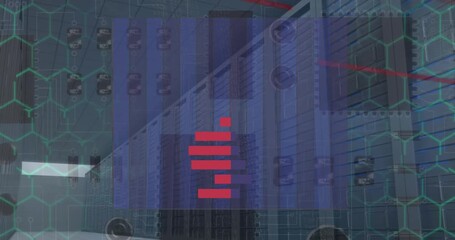 Animation of data processing over computer server room against close up of a circuit board - Powered by Adobe