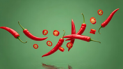 Red chili peppers are flying through the air with slices and pieces around them on a green background