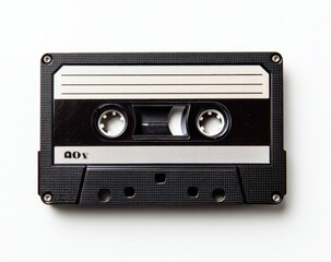 Obraz premium Black analog cassette tape with textured plastic casing and metallic reels, top view