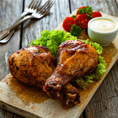 Roasted chicken drumsticks with mayonnaise on wooden table	