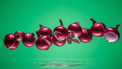 Fresh red onions are falling into the water with green background