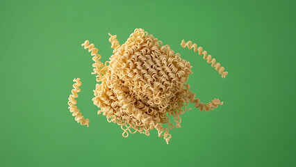 A vibrant green background showcases a disheveled bundle of curly pasta with several strands scattered around.