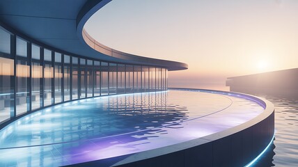 Contemporary building with infinity pool and ocean view during sunset architecture structure