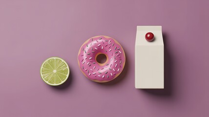 Donut, Lime Slice, and Milk Carton on a Purple Background doughnut pink frosting