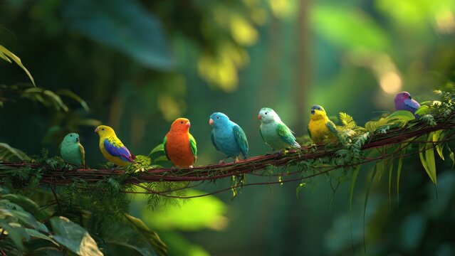 Colorful Birds Perched on Branch