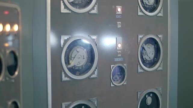 The control equipment for detonating an atomic bomb at a testing ground in the Soviet Union. Shot in motion