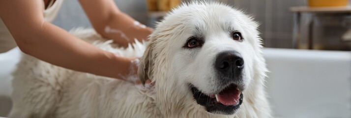 Happy fluffy dog enjoying a bath with caring hands