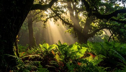Obraz premium Forest scene with sunbeams streaming through leaves