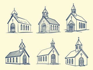 Minimal Wedding Chapel Line Art Illustration, Black and White Church Drawing