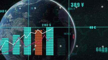 Animation of financial data processing over globe on black background - Powered by Adobe