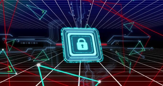 Animation of padlock icon with computer circuit board over shapes and lines on black background