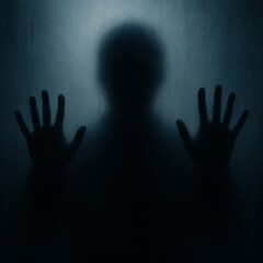 mysterious human silhouette behind frosted glass with hands pressed creating dark mood