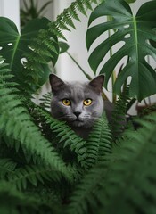 A majestic British Shorthair cat with bright orange eyes hidden behind lush green monstera and fern leaves
