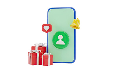 Smartphone with social media icons and gift boxes