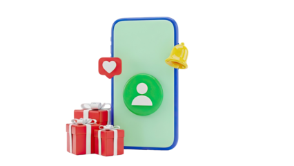Smartphone with social media icons and gift boxes