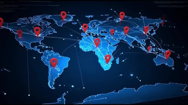 Global network connections illustrated with glowing blue digital world map and red location pins, symbolizing worldwide communication, GPS tracking, and global connectivity technology