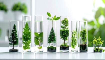 Miniature ecosystems in test tubes showcasing diverse plant life and scientific research