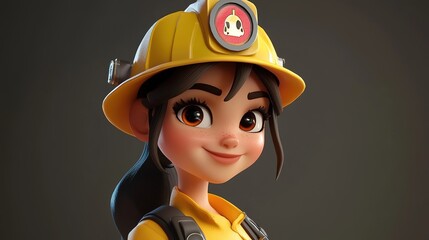 Close-up of a friendly cartoon girl in a hard hat
