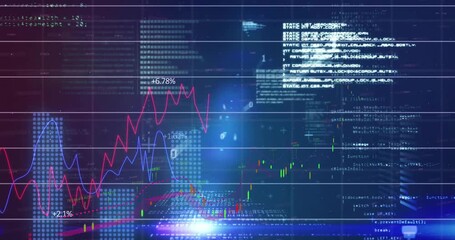 Animation of financial data processing over grid on dark background - Powered by Adobe