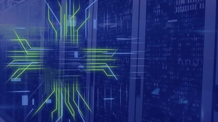 Animation of circuit board and data processing over computer servers - Powered by Adobe