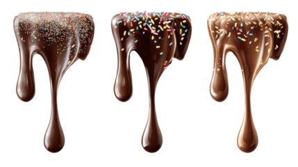 Chocolate glaze dripping with colorful sprinkles on transparent background, isolated cutout ideal for dessert, candy and bakery design, topping, sauce and sweet illustrations
