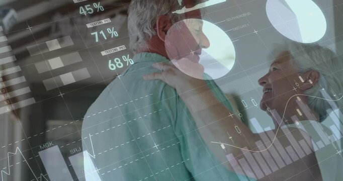 Animation of financial data processing over senior caucasian couple dancing