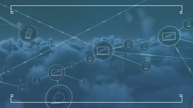 Animation of network of connections with icons over clouds