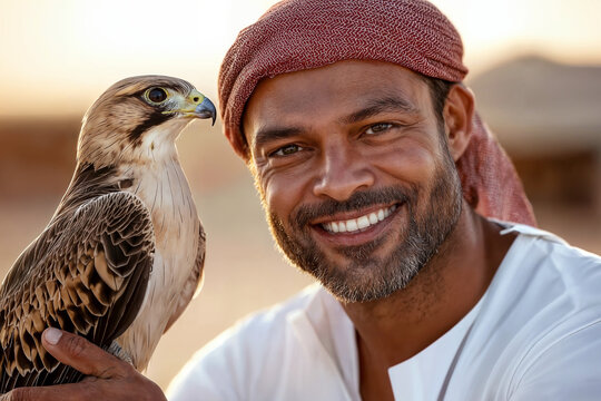 Emirati Falconer Smiling With Falcon in Desert