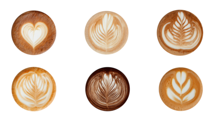 Six cups of fresh brewed coffee beverages featuring different latte art designs, showcasing skill and creativity in a popular cafe drink, ready for design integration