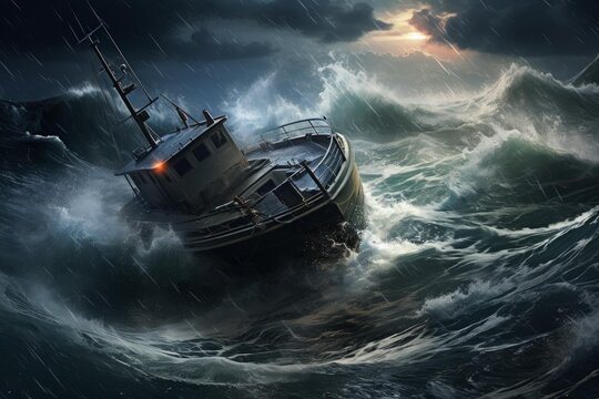 Fishing boat battling towering waves and heavy rain during a violent sea storm