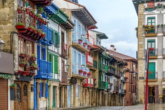 Colorful Traditional Houses with Wooden Balconies in Hondarribia, Spain