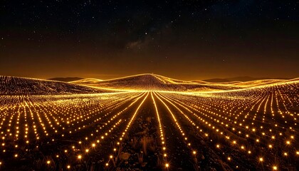 Illuminated digital landscape with glowing lines under a starlit sky