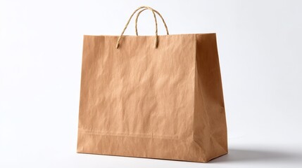 Brown paper paper bag with handles standing on a white background, representing shopping, retail, groceries, packaging, and eco friendly sustainability