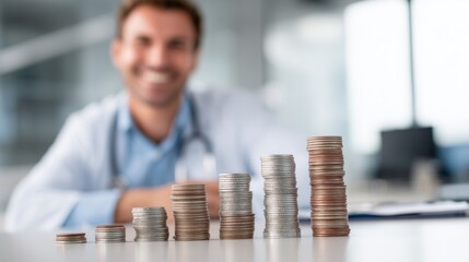 Doctor smiling behind increasing stacks of coins representing healthcare financial growth