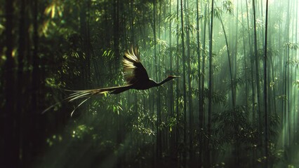 Exotic bird soars through lush bamboo forest
