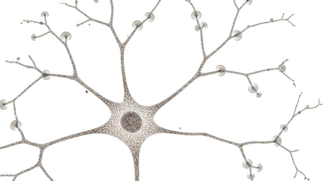 Close up of a neuron cell body with branching dendrites and synapses on png isolated transparent background black background - Powered by Adobe