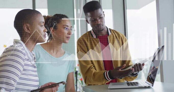 Animation of financial data processing over diverse business people in office