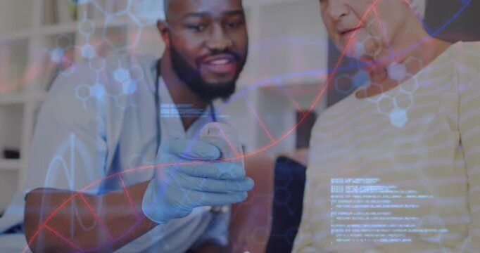 Animation of dna strand over diverse doctor and patient using glucose meter