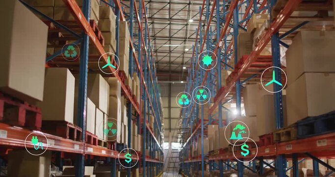 Animation of ecology icons over warehouse