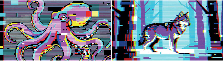 Neon Glitch Art Octopus and Wolf in Forest Illustration