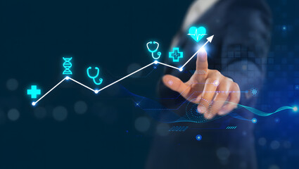 Healthcare Technology and Medical Growth Concept with Businessman Touching Digital Growth Graph, Icons of DNA, Stethoscope, Cross, and Heart on Blue Background for Medical Success and Analysis.
