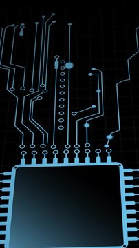 Protat vertical 2D animation showcasing futuristic scene with light blue electrical circuits, symbolizing artificial intelligence, technology, and innovation