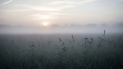 A hazy sunrise over a misty field of tall grasses and wildflowers