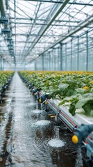 Modern greenhouse interior with automatic watering system, clean technology concept, studio light, high detail, copy space