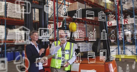 warehouse team confirming stock, aligning inventory with tablet, icons fading around forklift - Powered by Adobe
