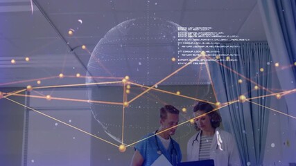 Nurse entering room carrying clipboard tablet, doctor discussing patient data under health hologram - Powered by Adobe