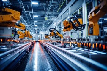 Automated manufacturing facility featuring robotic arms and conveyor belts for industrial production